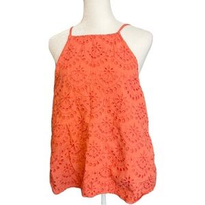Elodie Coral Eyelet Tank  Spaghetti Straps Size L EUC Orange Flowy Cotton
